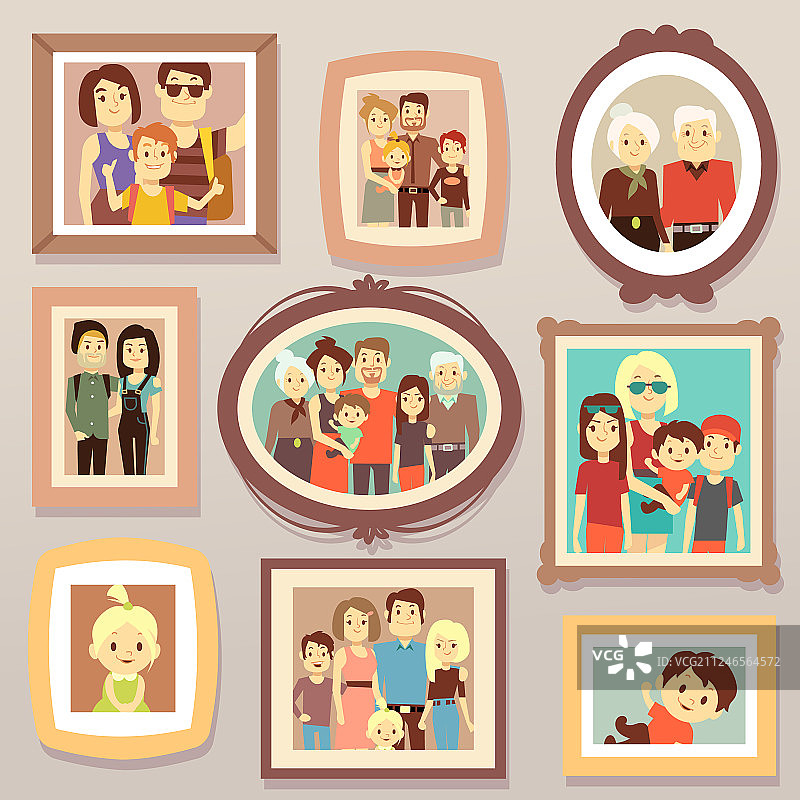 大家族微笑的照片肖像在相框上图片素材