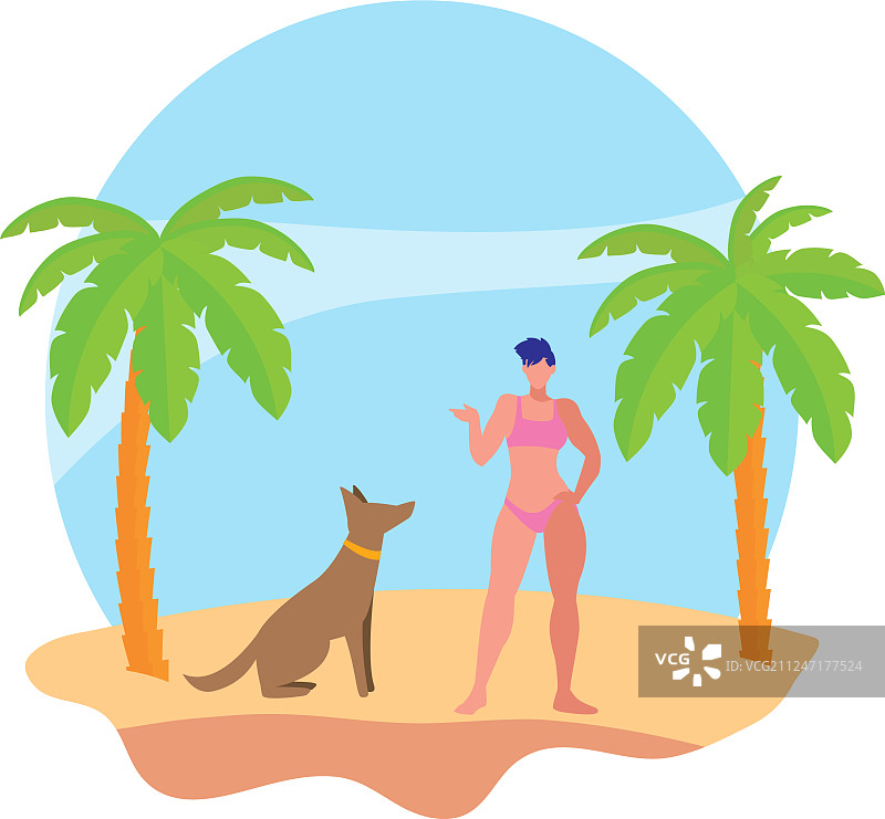 年轻的女人和狗在海滩夏天的场景图片素材