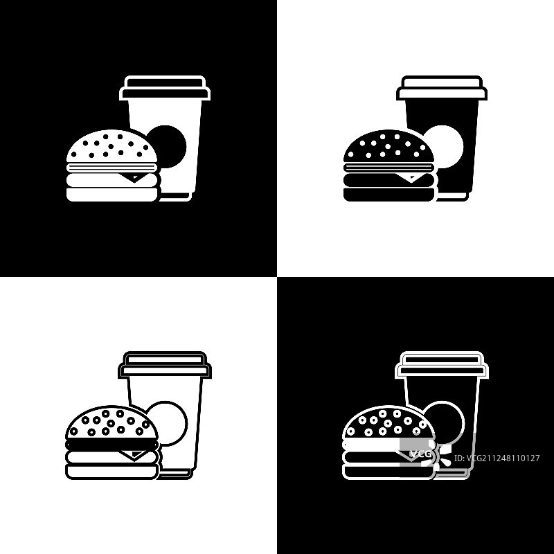 设置咖啡和汉堡图标孤立在黑色和图片素材