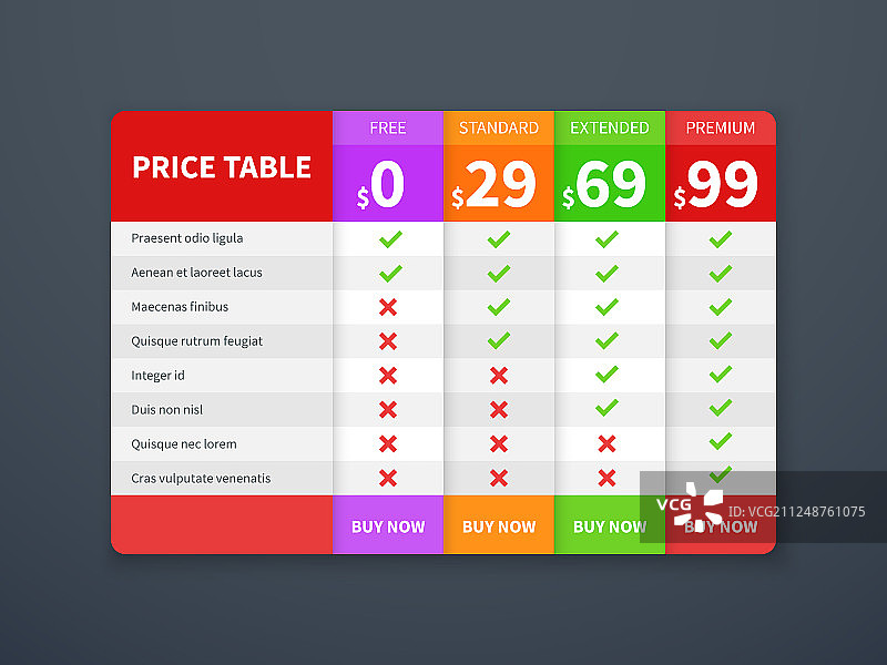 价格表价格计划比较表价格图片素材