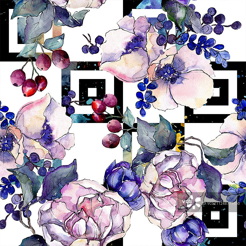 水彩花束五彩缤纷。花卉植物的花。无缝的背景图案。图片素材