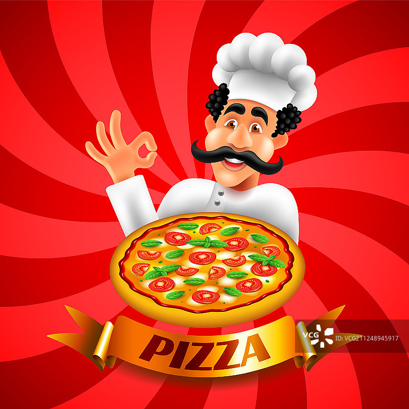 红色背景的卡通意大利披萨厨师图片素材
