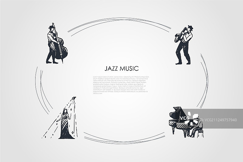 爵士音乐——大提琴家、萨克斯管演奏家、钢琴家和图片素材