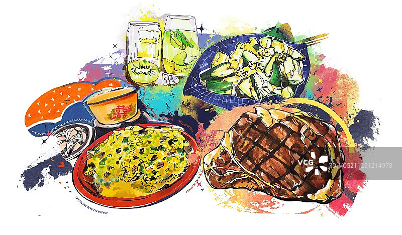 涮肉 美食手绘插画  健康蔬菜绿色食品 套餐海报 客家 牛排图片素材