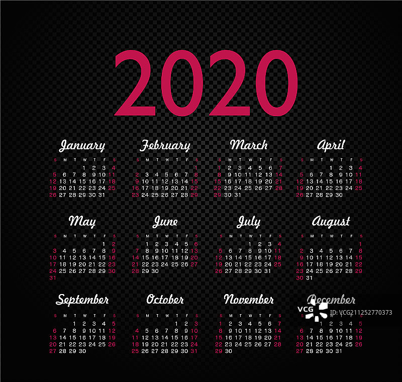 日历2020年周从周日开始图片素材