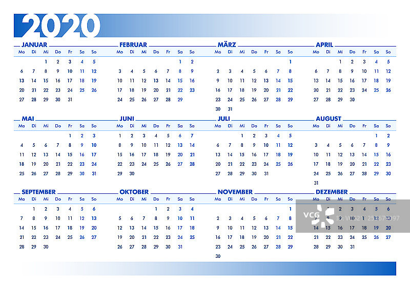 蓝色2020德国日历印刷景观图片素材