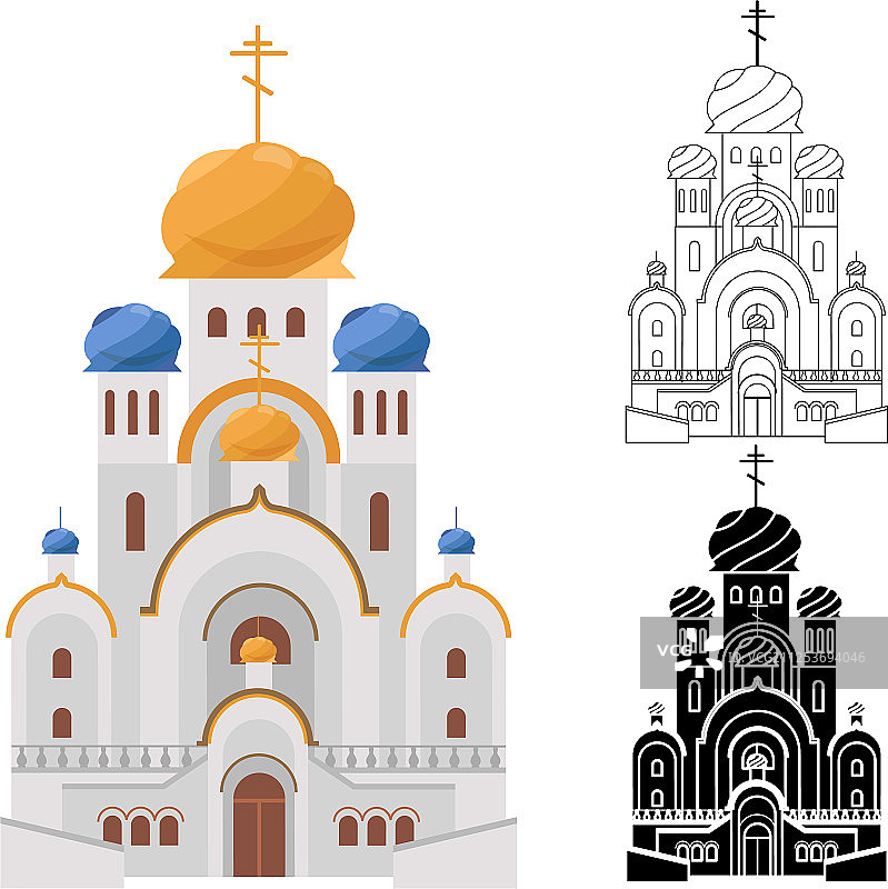 金色和蓝色穹顶的卡通豪华教堂图片素材