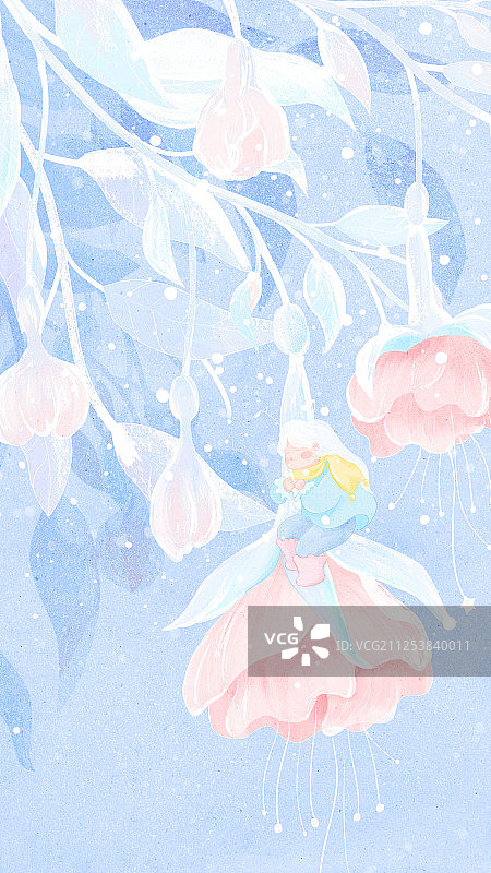 冬季下雪时在花朵上安眠的花精灵手绘插画图片素材