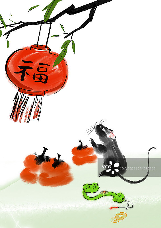 中国水墨插画鼠年吉祥题材事事如意图片素材