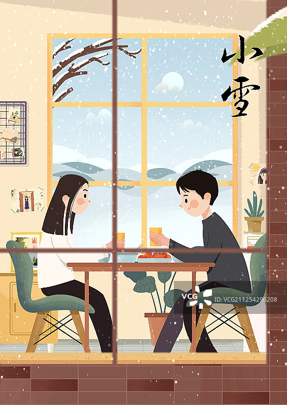 小雪时节在家里吃着温暖晚餐的一对小情侣图片素材