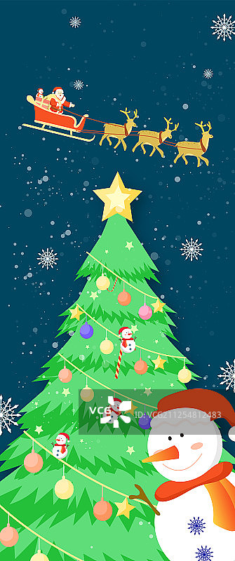 一颗挂满装饰品的圣诞树，圣诞节里圣诞老人在送礼物的插画背景图片素材
