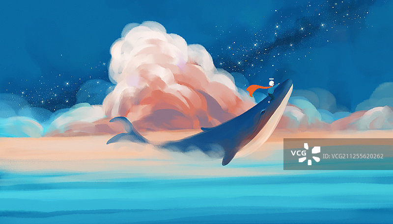 浪漫星空下骑在鲸鱼上的男孩治愈系插画横版图片素材