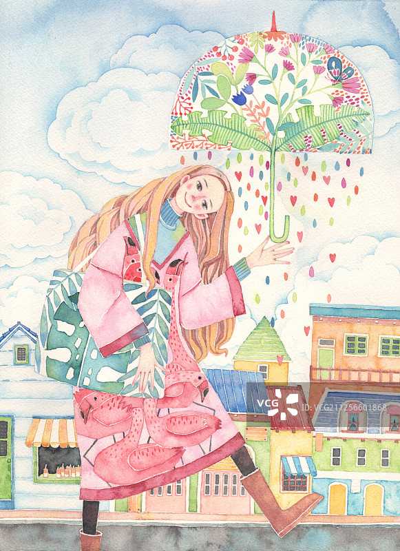 唯美水彩手绘插画-打着伞背着包逛街的美女图片素材