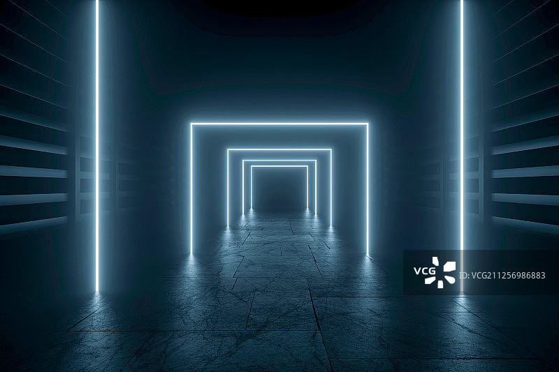 3D现代抽象霓虹灯下的空间背景图片素材