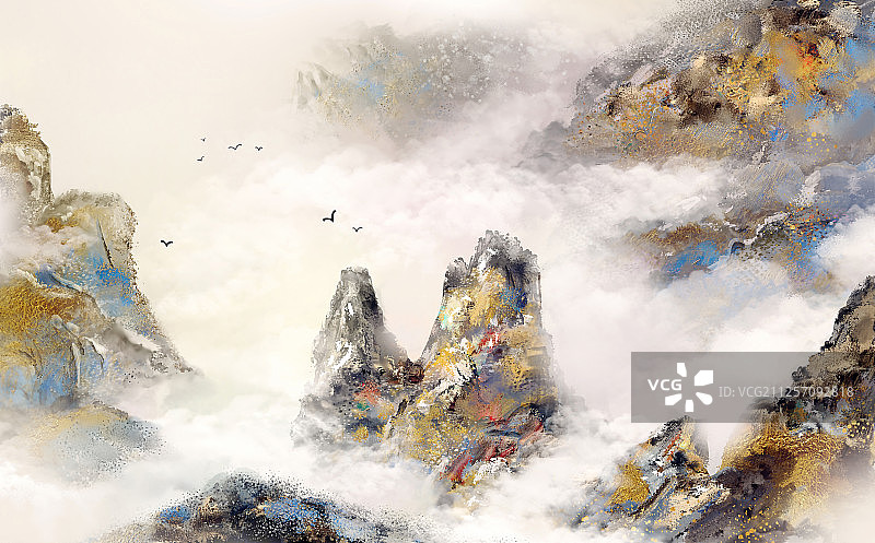 手绘中国风意境水墨山水画新中式背景插画图片素材
