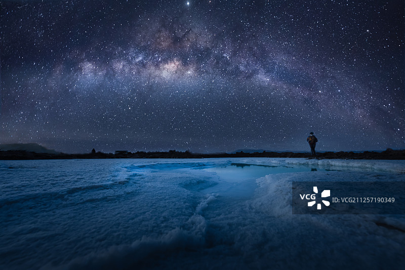 青海盐湖边站着的一个人图片素材