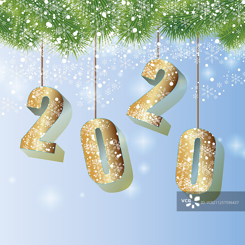 Happy 2020新年贺卡与杉木枝图片素材