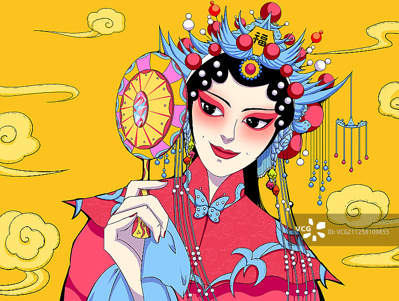 手拿镜子的京剧花旦国潮风现代插画图片素材
