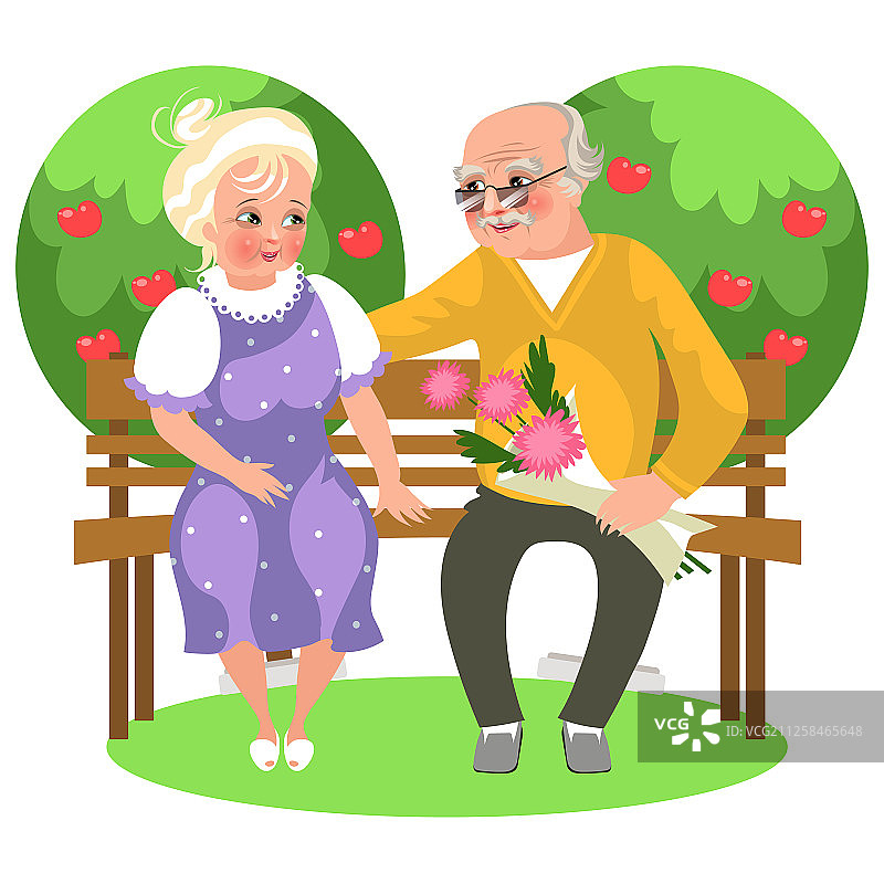 卡通幸福的夫妇坐在花园里的长凳上图片素材