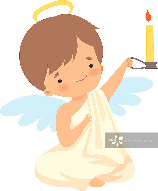 可爱的男孩天使带着光和翅膀坐着图片素材