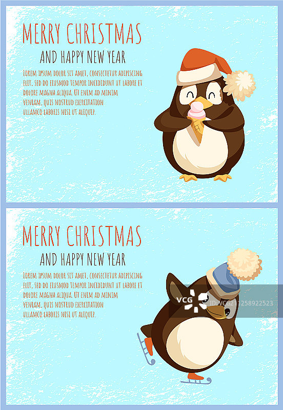 企鹅吃冰淇淋，穿着冰鞋过圣诞节图片素材
