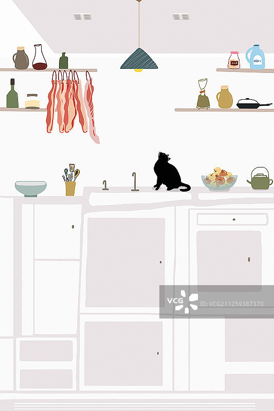厨房里橱柜上的猫与挂着的腊肉图片素材