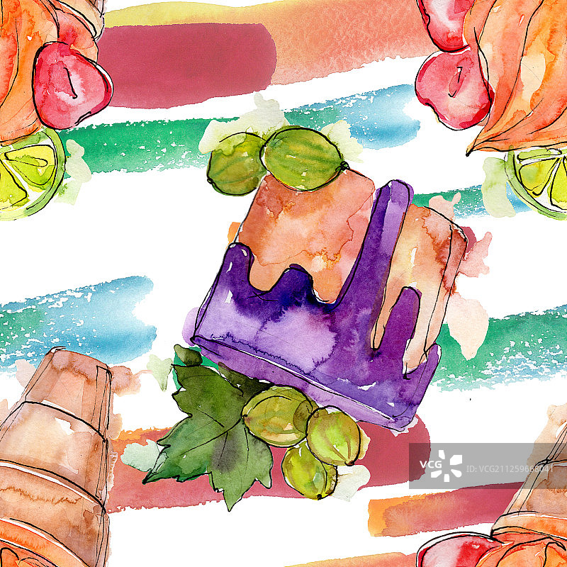美味的冰淇淋蛋卷和甜点。水彩背景插图集。无缝的背景图案。图片素材