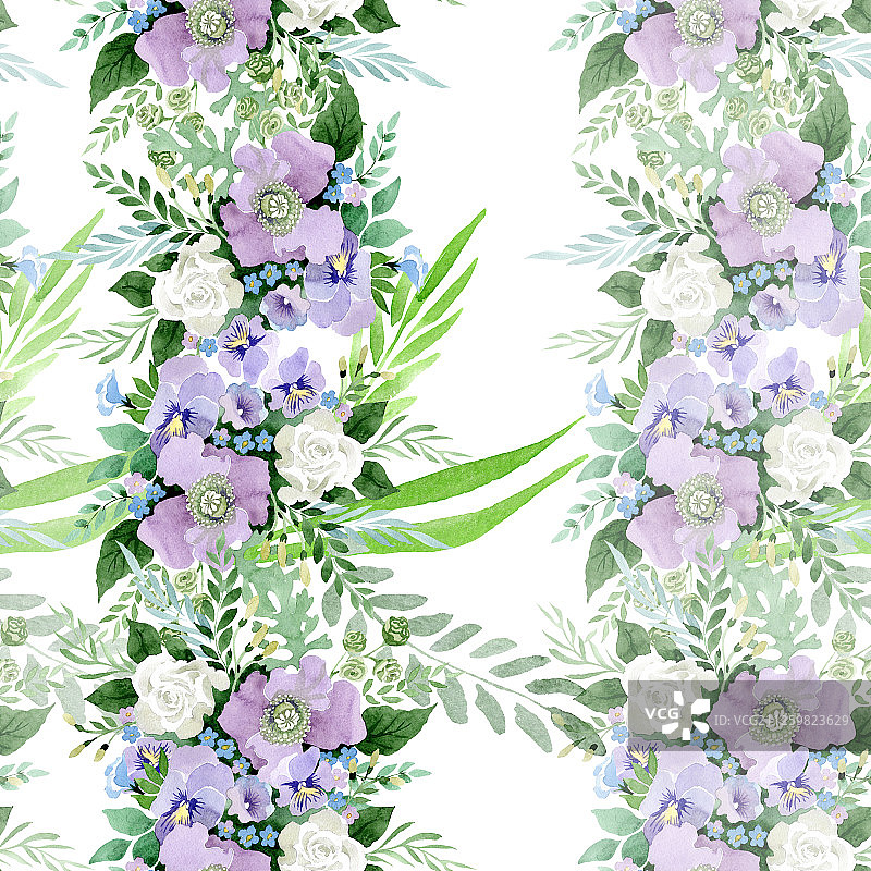紫罗兰花束，植物的花。水彩背景插图集。无缝的背景图案。图片素材