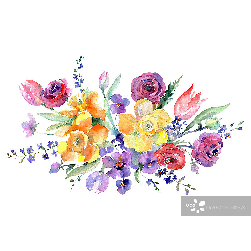 花束，植物花。水彩背景插图集。孤立的花束插图元素。图片素材