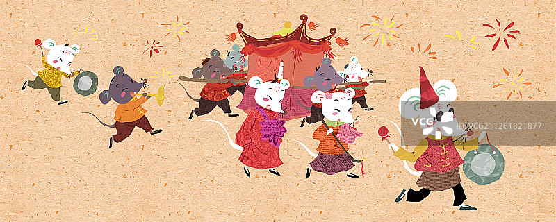 中国风剪纸风中国经典神话-老鼠嫁女图片素材