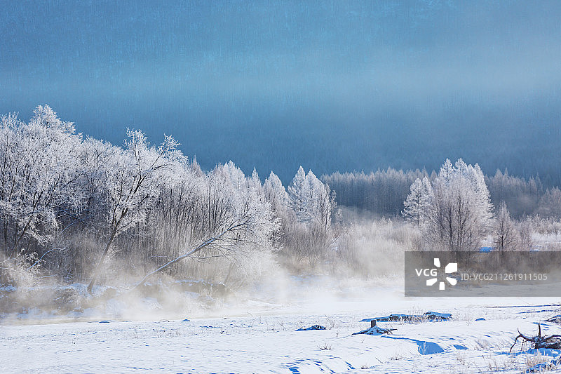 内蒙古根河市冷极湾景区 雾凇 冬天大雪后大兴安岭森林 冬季雪图片素材