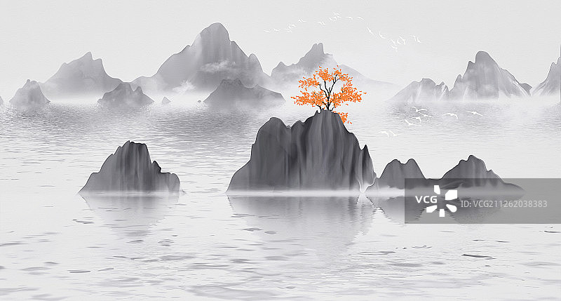 手绘中国风意境水墨山水画  大气新中式背景插画图片素材