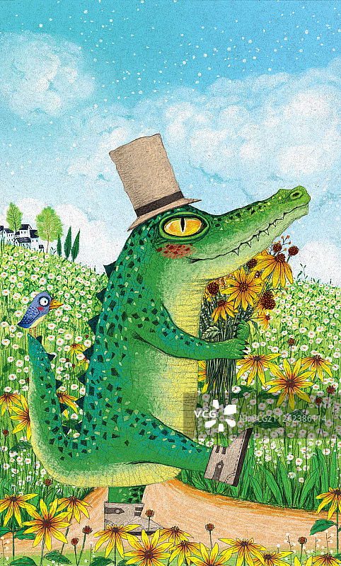 儿童动物插画-捧着花的鳄鱼图片素材