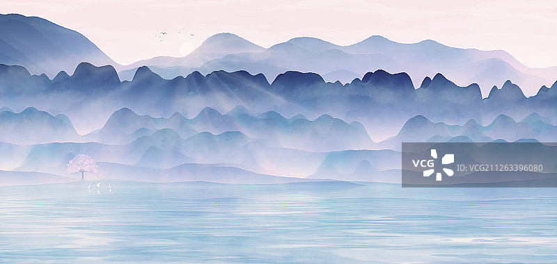 中国风烟雨朦胧山水风光，水墨插画背景海报图片素材