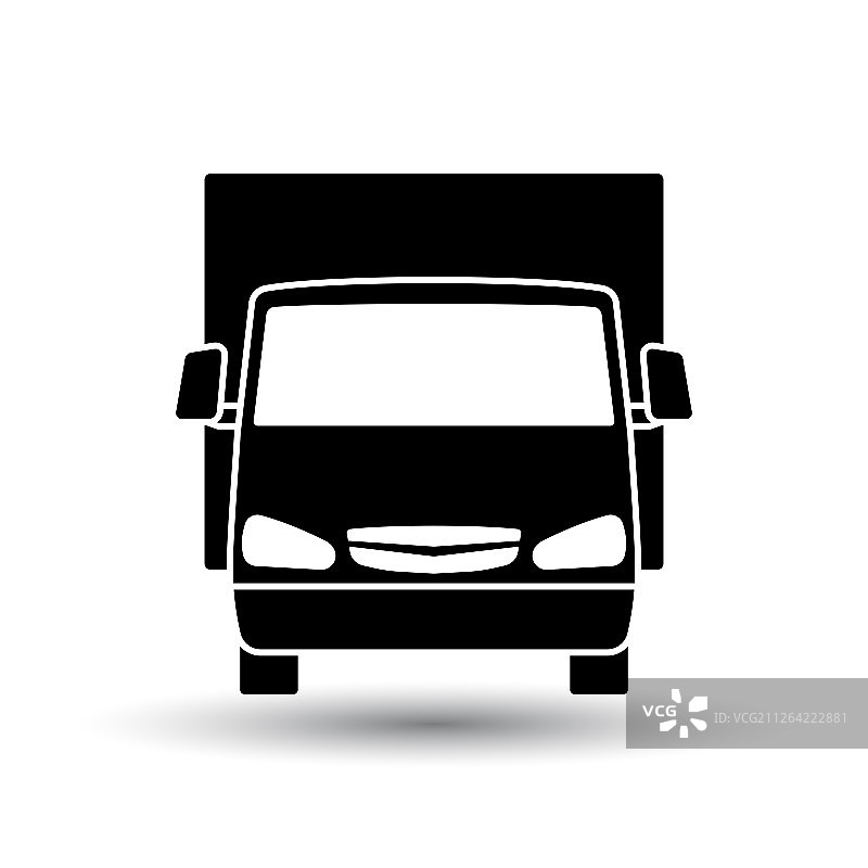 货车图标前视图。黑色在白色的背景和阴影。矢量插图。图片素材