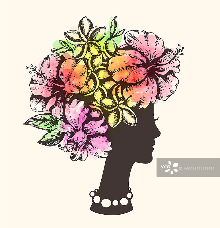 一个女性头部剪影，热带花卉和水彩纹理。复古风格。手绘矢量插图。专为美容院设计。图片素材