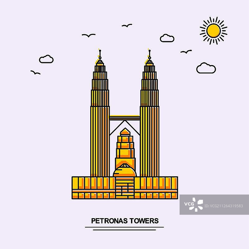 PETRONAS塔纪念碑海报模板。世界旅行黄色插图背景线风格与美丽的自然景色图片素材