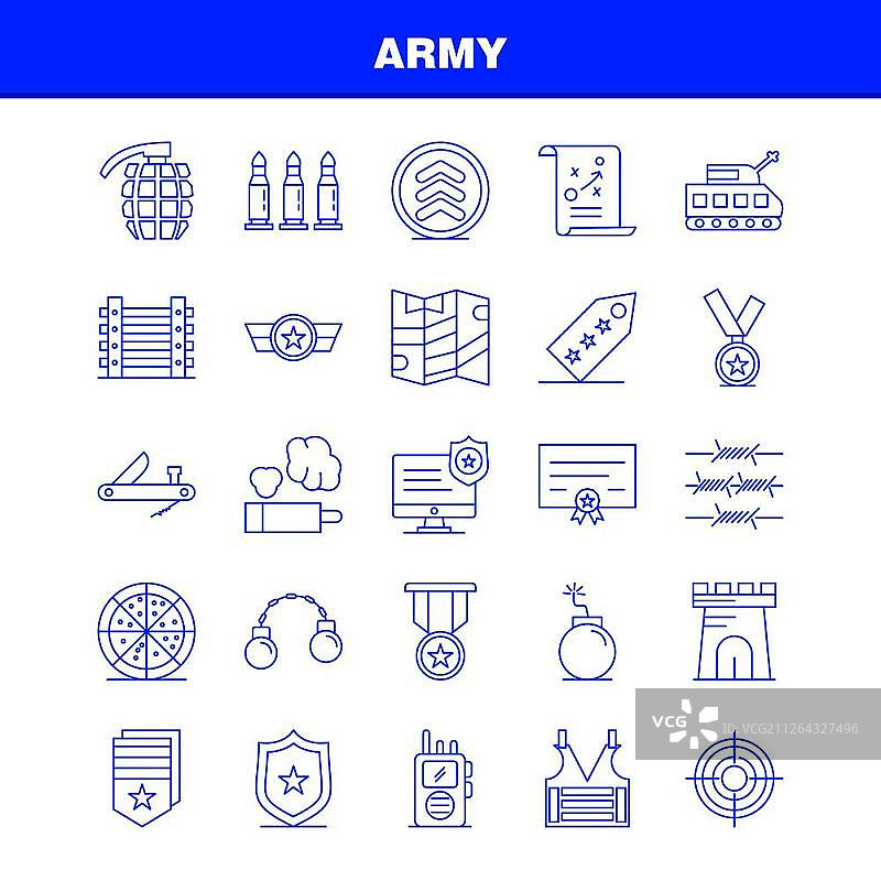 军队线图标设置信息图，移动UX/UI工具包和打印设计。包括:监视器，徽章，执行，法律，军队，铁丝网，法国，图标集-向量图片素材