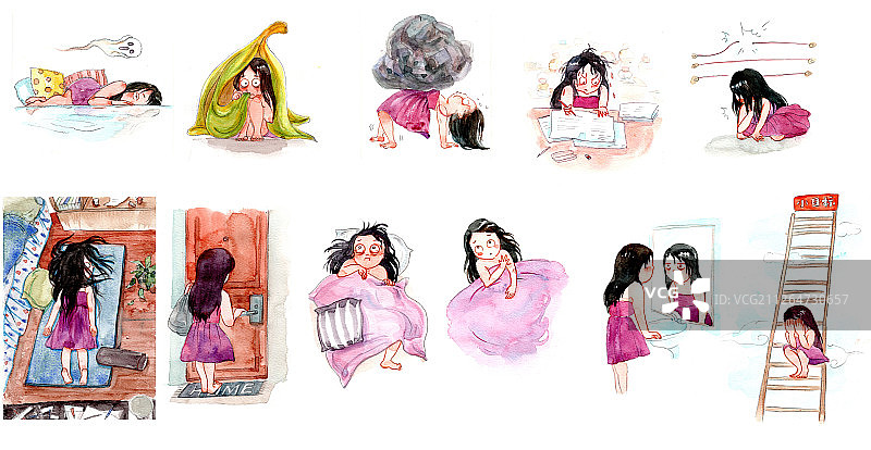 插画:水彩手账风女孩与负面情绪相关合集图片素材