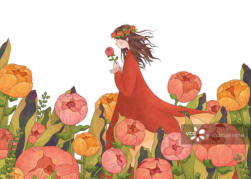 花朵中的美丽女孩女神节插画横版白底图片素材