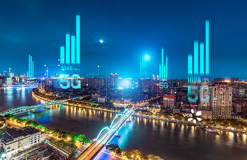 5G网络信号科技快速发展广州CBD天际线夜景城市建筑经济中心图片素材
