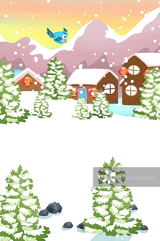 农村春节的冬天下雪的风景插画背景图片素材