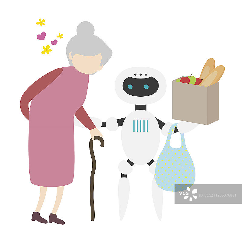 人工智能机器人搀扶行动不便的老人在购物图片素材