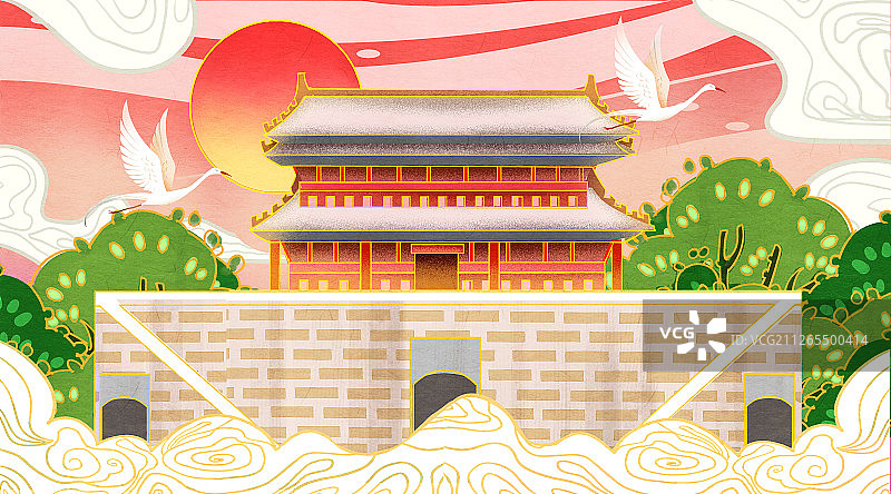 国潮风中国古代城门城墙插画图片素材