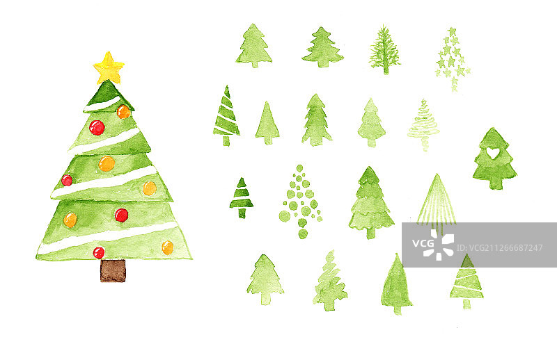 很多小的圣诞树装饰元素 水彩手绘插画图片素材