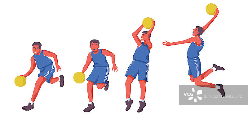 篮球运动中一组连贯运球投篮动作的手绘插画图片素材
