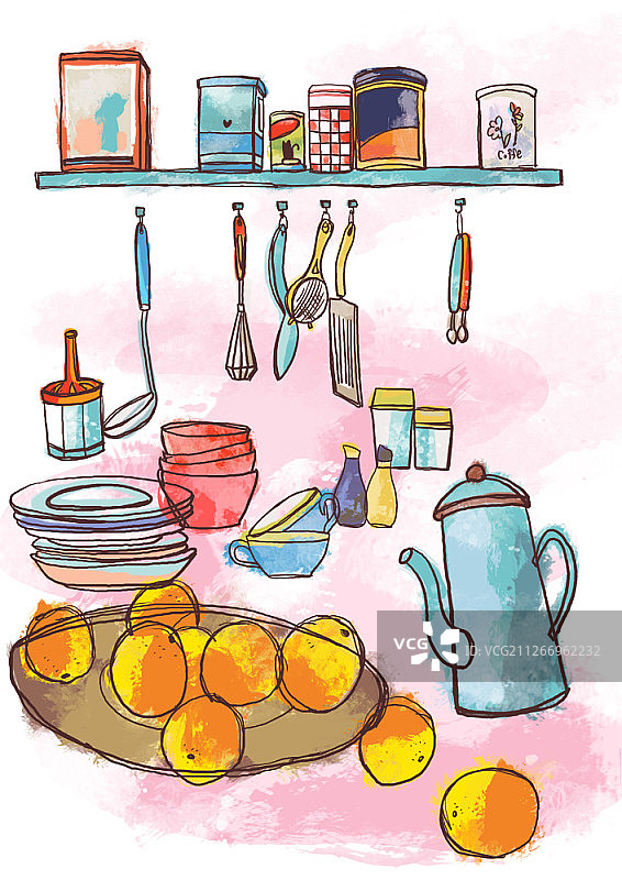 厨房用具与橙子的插图图片素材