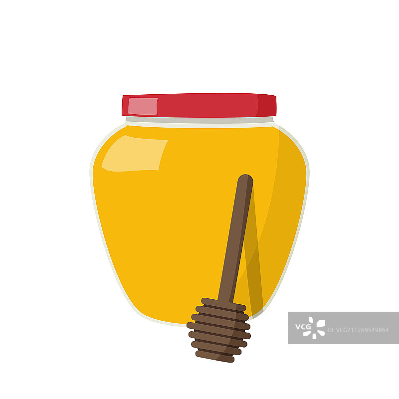 玻璃瓶里装满了蜂蜜，勺子上沾着白蜂蜜图片素材