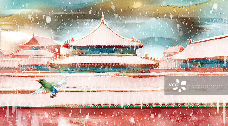 中国风冬天故宫风景插画图片素材