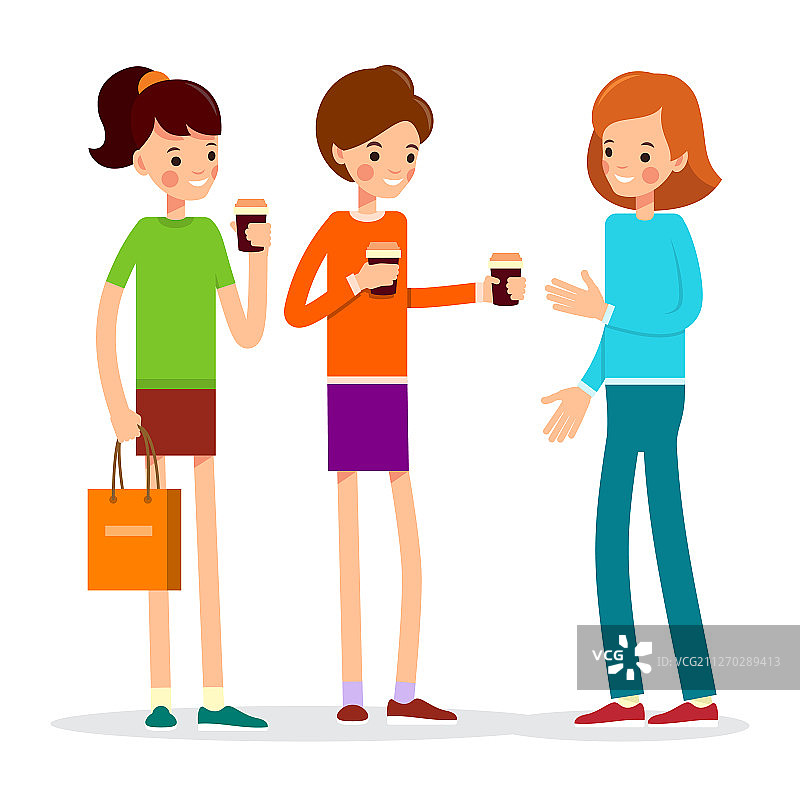 喝咖啡的女孩站着三个年轻女人图片素材
